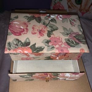 Vintage fabric jewelry box with drawer, floral design